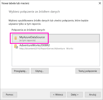 Zrzut ekranu przedstawiający miejsce wybierania źródła danych.