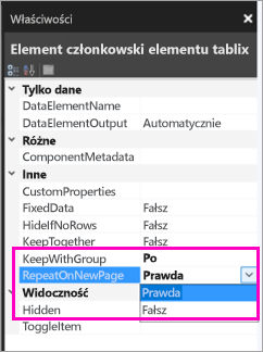 Zrzut ekranu przedstawiający miejsce znalezienia właściwości elementu członkowskiego elementu Tablix.