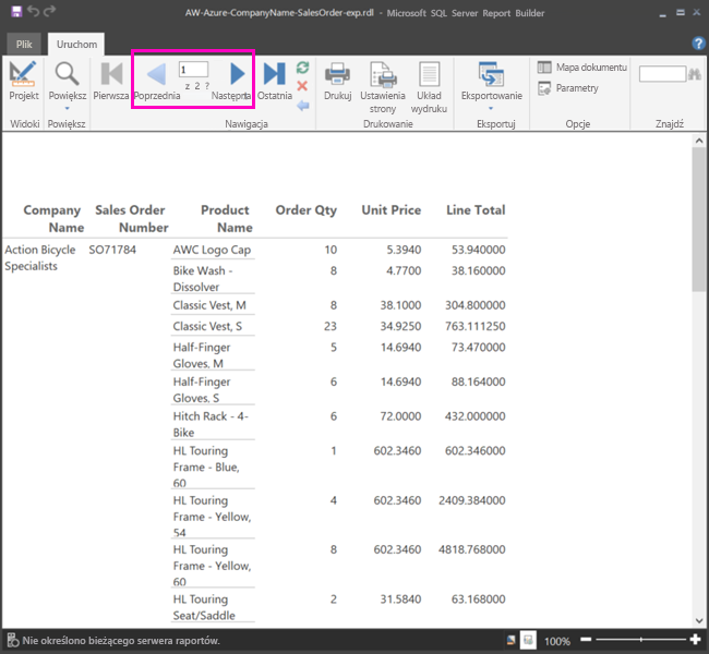 Zrzut ekranu przedstawiający raport pokazujący, gdzie można znaleźć numer strony i strzałki nawigacji między stronami.
