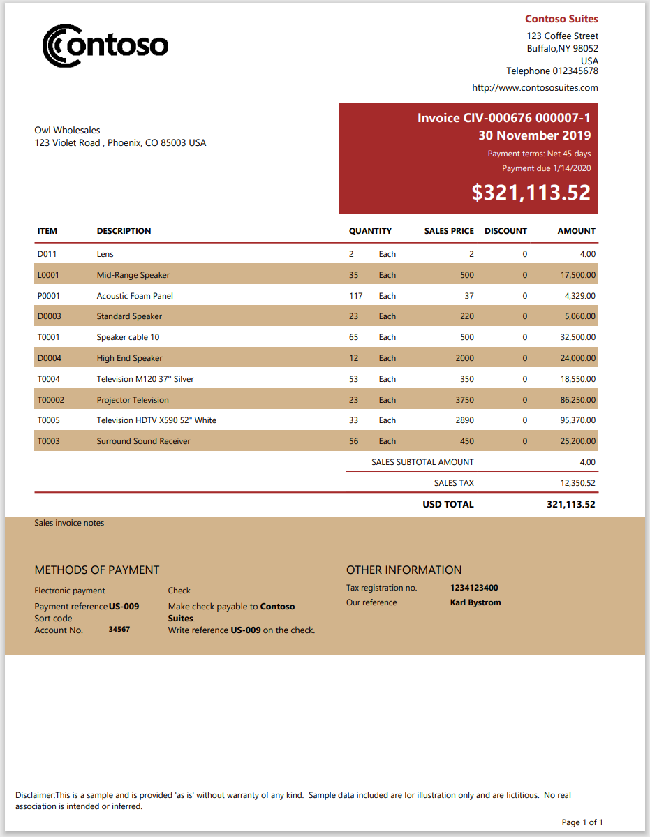 Zrzut ekranu przedstawiający przykładową fakturę raportu podzielonego na strony w usłudze Power BI.