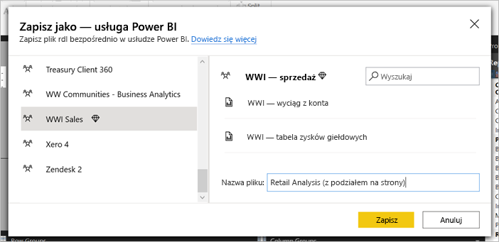 Zrzut ekranu przedstawiający wybieranie obszaru roboczego.