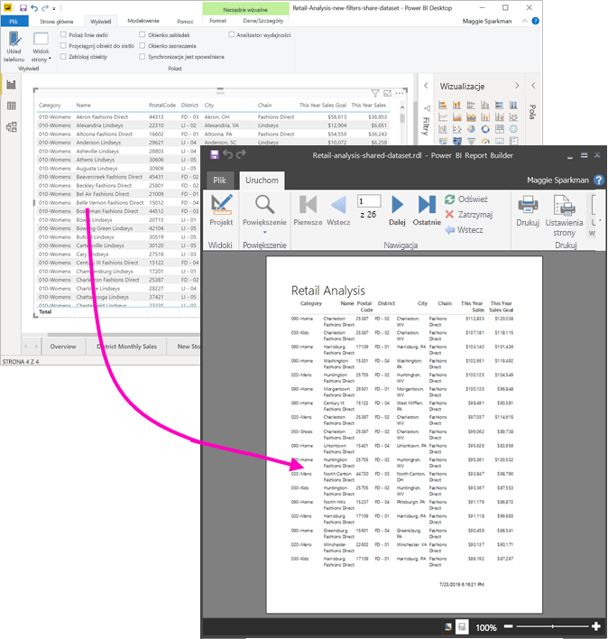 Zrzut ekranu przedstawiający raport podzielony na strony w programie Report Builder wydrukowany z programu Power BI Desktop.