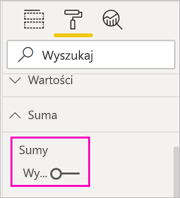 Zrzut ekranu przedstawiający opcję Sumy przełączone do pozycji wyłączonej w okienku Format.