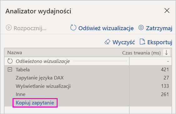 Zrzut ekranu przedstawiający link Kopiuj zapytanie w Analizator wydajności.