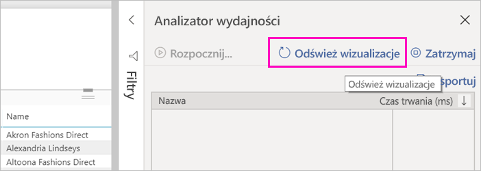 Zrzut ekranu przedstawiający przycisk Odśwież wizualizacje w Analizator wydajności.