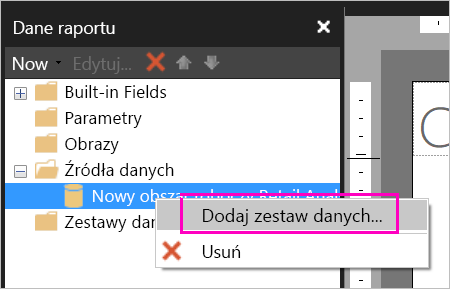 Zrzut ekranu przedstawiający opcję Dodaj zestaw danych w obszarze Źródła danych.