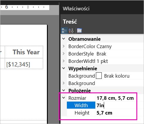 Zrzut ekranu przedstawiający właściwości rozmiaru treści.