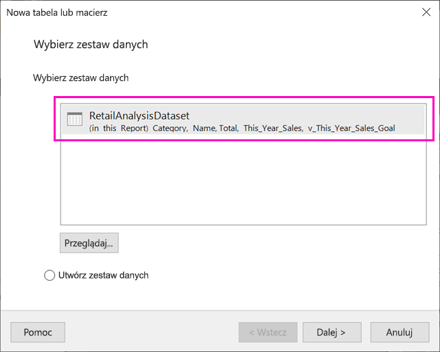 Zrzut ekranu przedstawiający opcje zestawu danych w Kreatorze tabel.