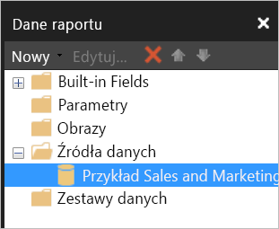 Zrzut ekranu przedstawiający okienko Dane raportu z zestawem danych wymienionym w obszarze Źródła danych.