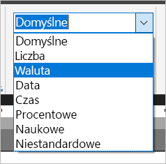 Zrzut ekranu przedstawiający opcje formatowania liczb.