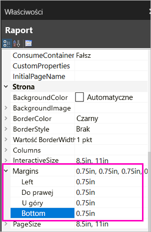 Zrzut ekranu przedstawiający właściwości marginesu strony.
