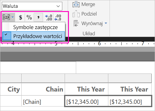 Zrzut ekranu przedstawiający przykładowe wartości formatowania.