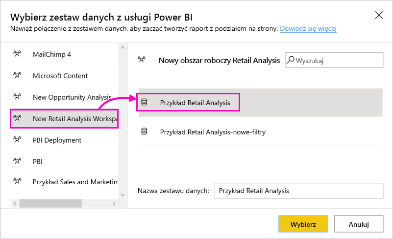 Zrzut ekranu przedstawiający zestawy danych do wyboru.