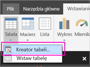 Zrzut ekranu przedstawiający przycisk Kreator tabel na wstążce Wstawianie.