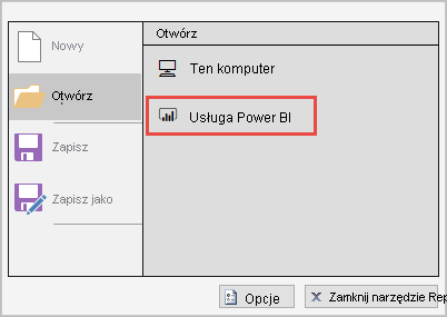 Zrzut ekranu przedstawiający pozycję Otwórz z usługa Power BI.