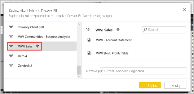 Zrzut ekranu przedstawiający pozycję Zapisz jako w usługa Power BI.