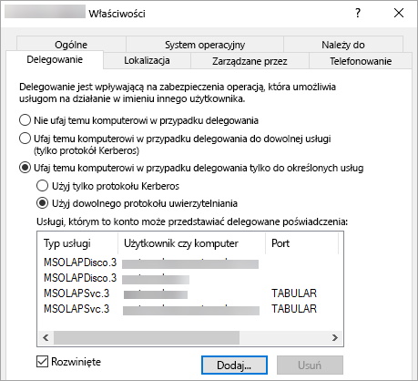 Zrzut ekranu przedstawiający kartę Delegowanie okno Właściwości w raportach usługi Power BI.
