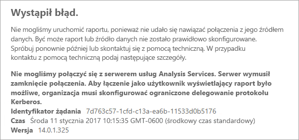 Zrzut ekranu raportów usługi Power BI przedstawiający komunikat o błędzie związany z problemami z nawiązywaniem połączenia z serwerem usług Analysis Services.