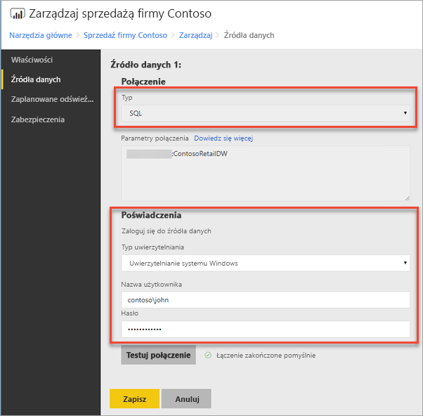 Data source credentials in manage report screen