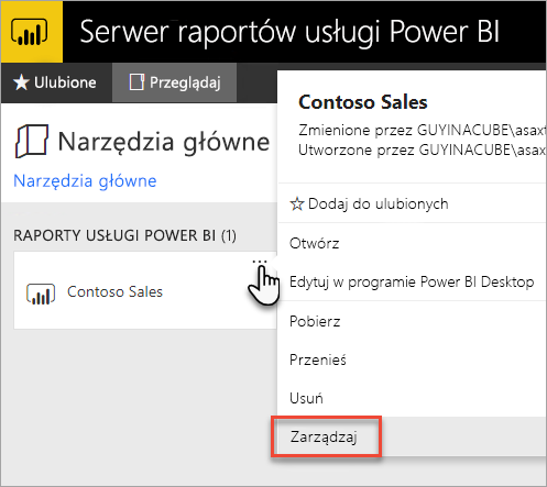 Select Manage from the Power BI report context menu