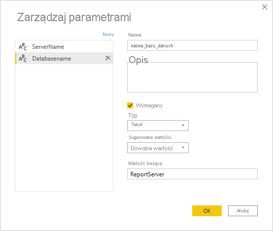 Manage Parameters, set servername and databasename.