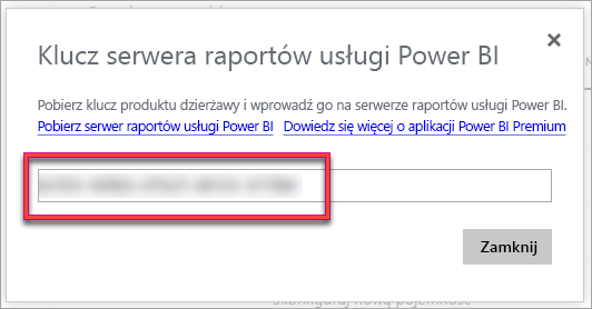 Zrzut ekranu przedstawiający Serwer raportów usługi Power BI klucz produktu.