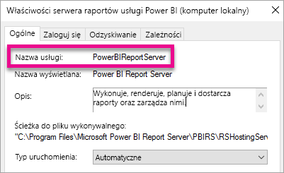 Właściwości usługi systemu Windows serwera raportów