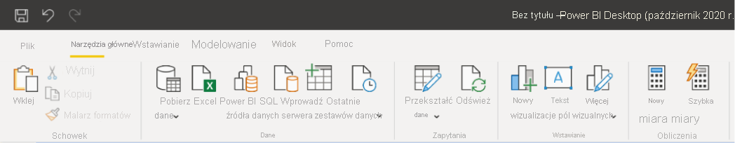 Zrzut ekranu przedstawiający nową wstążkę w programie Power BI Desktop dla Serwer raportów usługi Power BI.