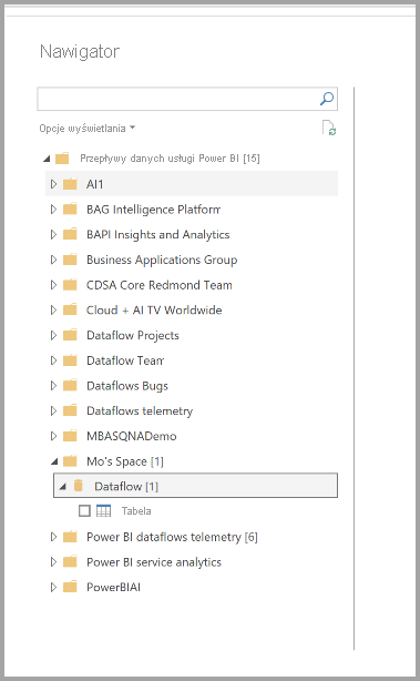 Zrzut ekranu przedstawiający nawigatora w programie Power BI Desktop wybierającego przepływy danych do nawiązania połączenia.