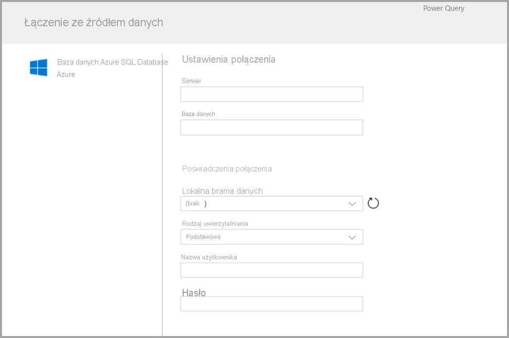 Zrzut ekranu przedstawiający formularz wyświetlany po wybraniu usługi Azure SQL jako łącznika.