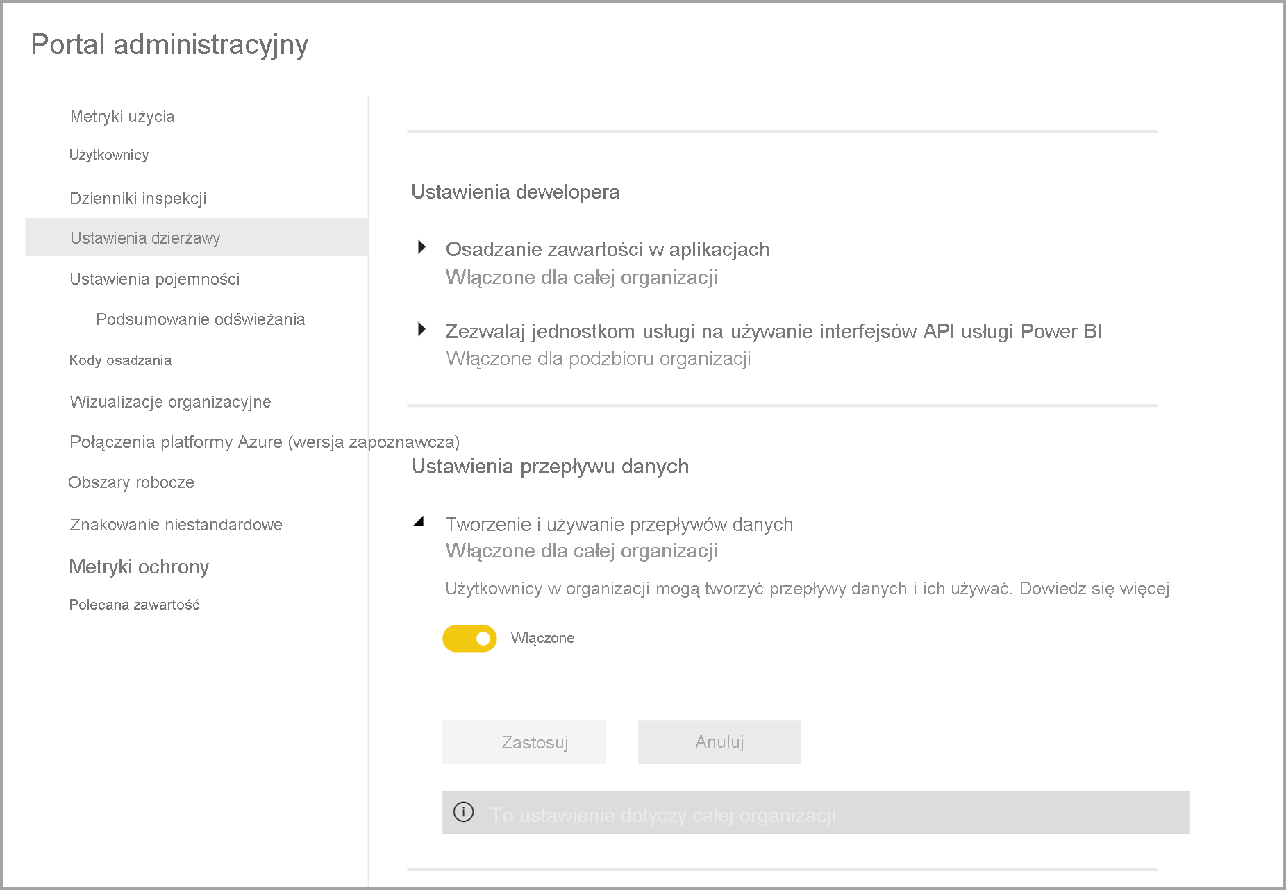 Portal administracyjny przepływów danych w usłudze Power BI Premium