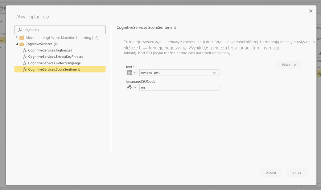 Zrzut ekranu przedstawiający okno dialogowe Wywoływanie funkcji z wybraną wartością CognitiveServices.ScoreSentiment i ustawioną jako LanguageIsoCode.