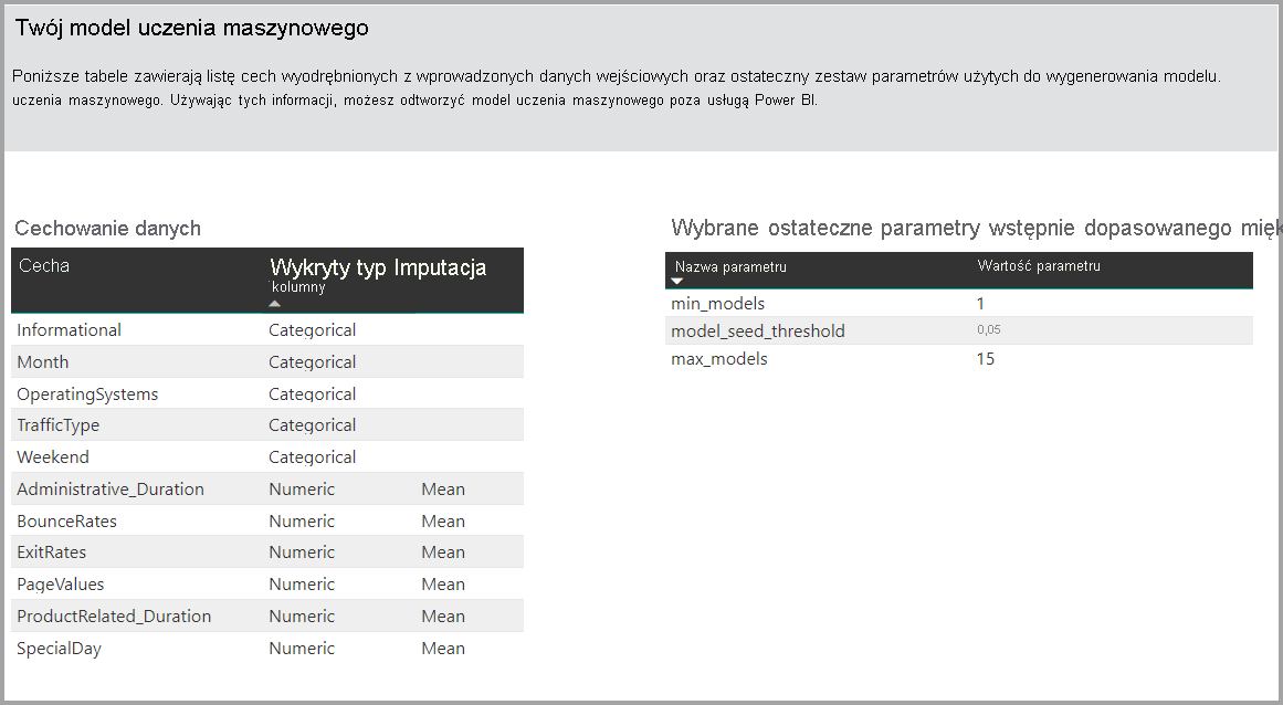 Zrzut ekranu przedstawiający tabele przedstawiające funkcje wyodrębnione z podanych danych wejściowych.