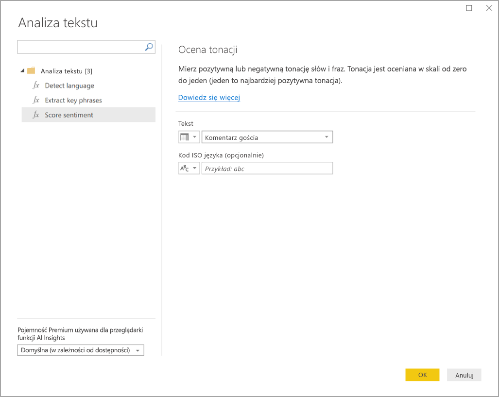 Screenshot of the Text analytics dialog box showing the Score sentiment function.