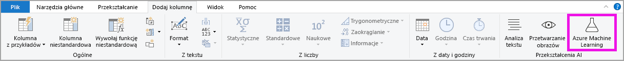 Zrzut ekranu przedstawia przycisk Azure Machine Learning w Edytorze Power Query.