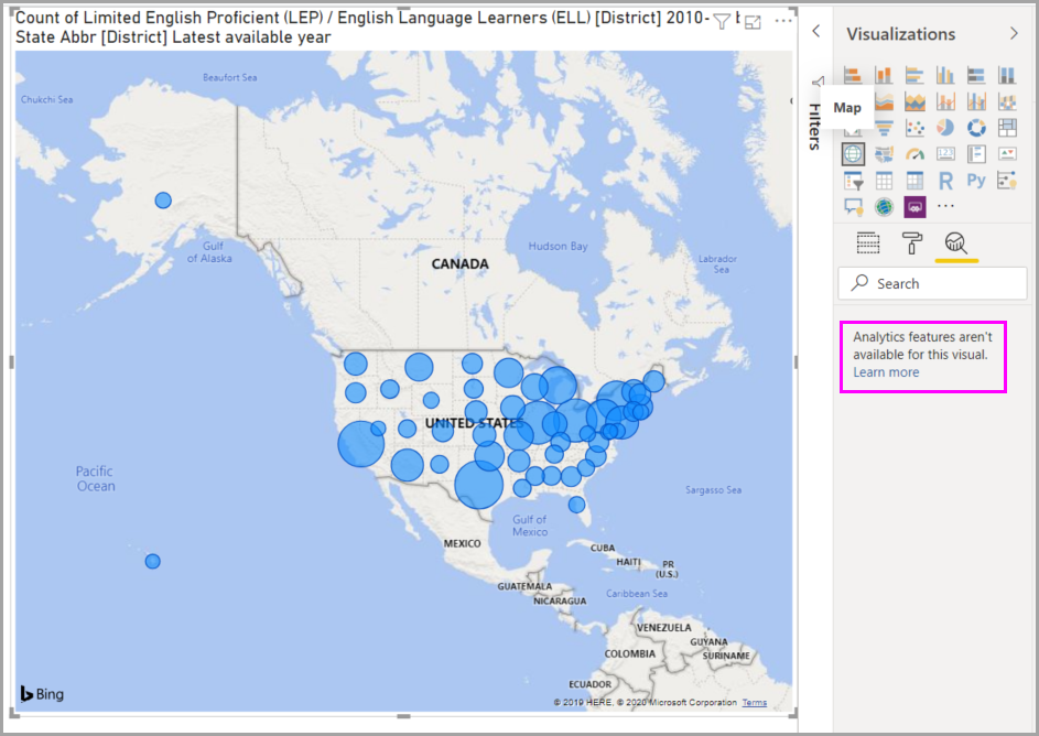 Screenshot of a visual with a message in the Analytics pane informing that analytics aren't available for this visual.