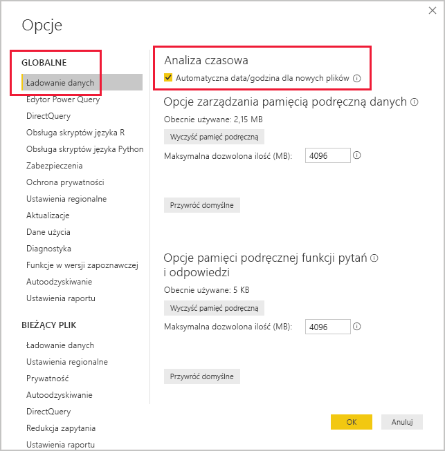 Zrzut ekranu przedstawiający pole Opcje programu Power BI Desktop.