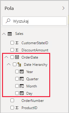 Zrzut ekranu przedstawiający przykład okienka Pola z otwartą tabelą Sales (Sprzedaż).