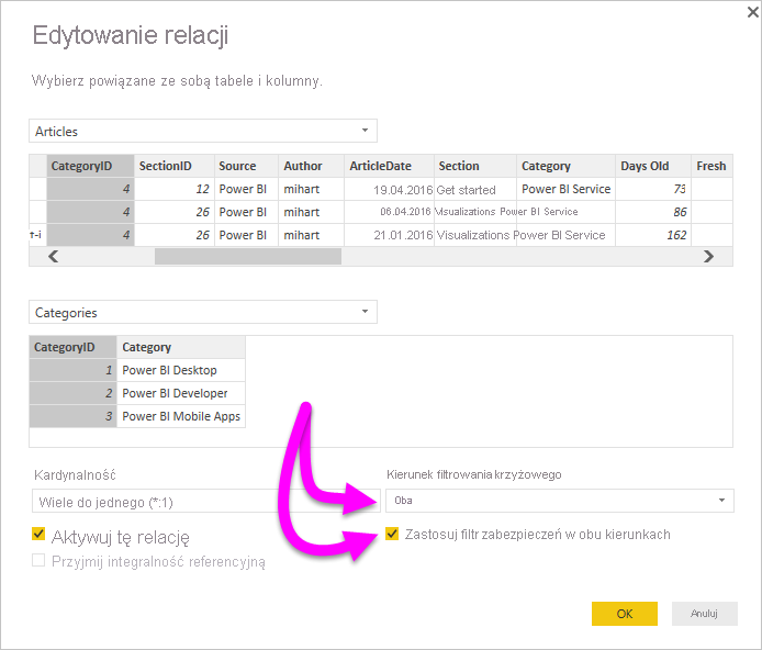 Screenshot of the Edit relationship dialog box with Cross filter direction set to both and the checkbox to Apply security filter in both directions selected.