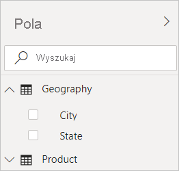 Zrzut ekranu programu Power BI Desktop przedstawiający filtr Geografia w widoku Pola.