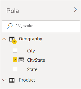 Zrzut ekranu programu Power BI Desktop przedstawiający pole CityState zaznaczone w filtrze Geografia w widoku Pola.