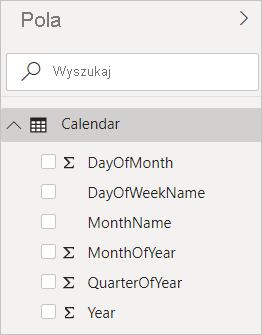 Zrzut ekranu programu Power BI Desktop przedstawiający kolumny obliczeniowe w widoku Pola.