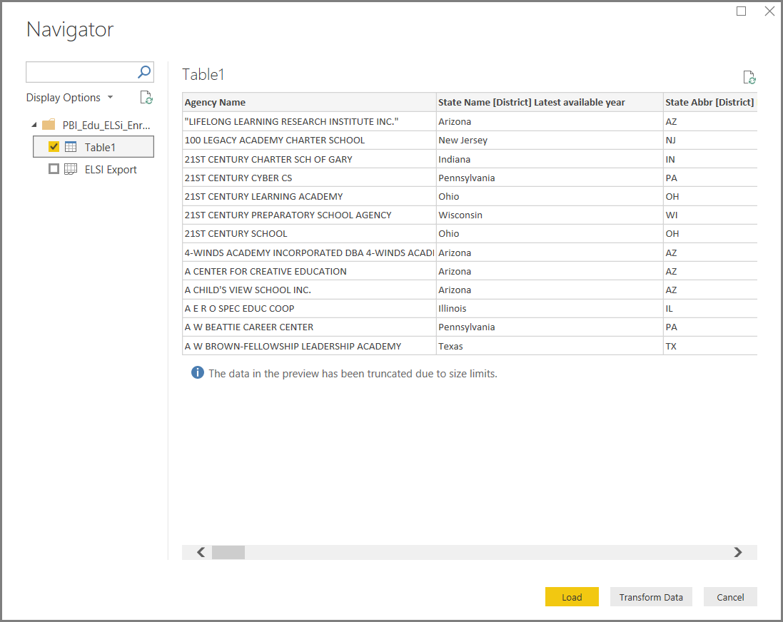 Screenshot of the Navigator dialog box with Table 1 chosen to load.