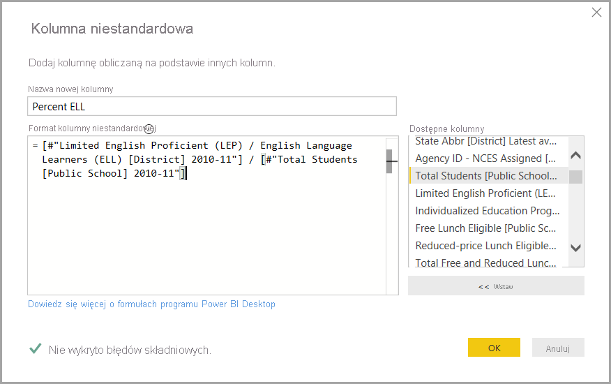 Screenshot of the Custom Column Dialog box showing an example formula.