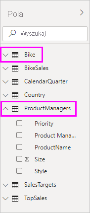 Zrzut ekranu przedstawiający okienko Pola z wybranymi polami Rower i ProductManagers.