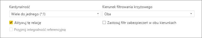 Zrzut ekranu przedstawiający dolną część okna dialogowego Tworzenie relacji z opcjami Kardynalność i Kierunek filtrowania krzyżowego.