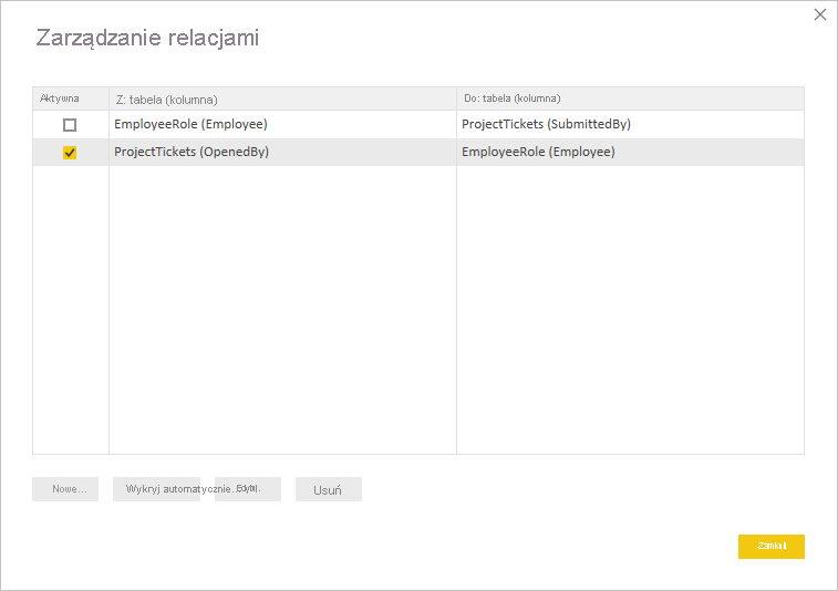 Zrzut ekranu przedstawiający aktywny element OpenedBy w oknie dialogowym Zarządzanie relacjami.