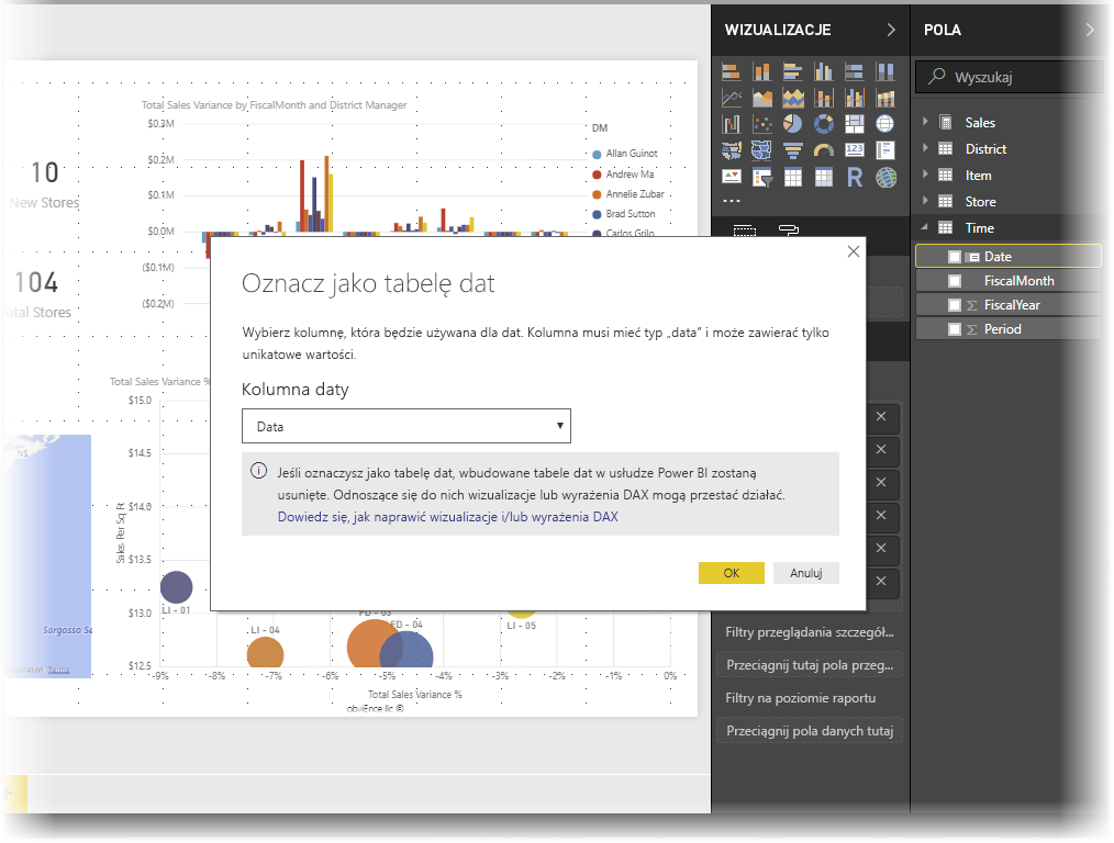 Zrzut ekranu programu Power BI Desktop przedstawiający okno dialogowe Oznacz jako tabelę dat.