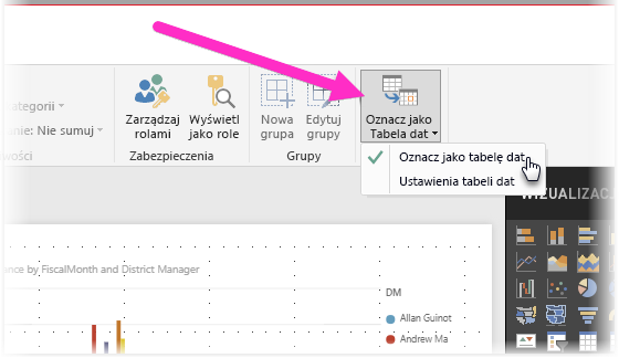 Zrzut ekranu programu Power BI Desktop przedstawiający przycisk Oznacz jako tabelę dat i filtr opcji.