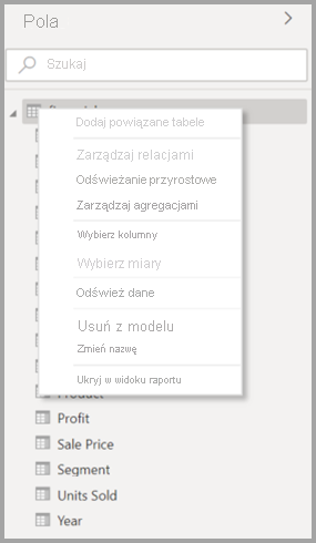 Screenshot of the original context menu for a table in Power BI Desktop.